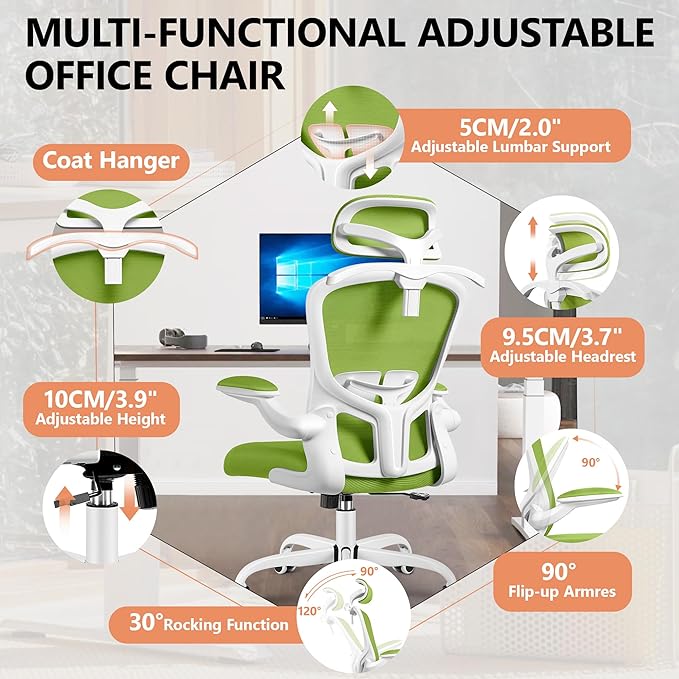 FelixKing Office Chair with Headrest, Ergonomic Desk Chair with Wheels, Task Swivel Comfy Chair with Adjustable Lumbar Support, Breathable Mesh Computer Chair with flip-up Armrests (Green) - LeafyLoom