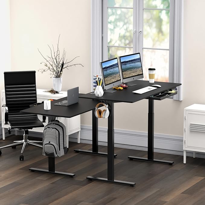 SHW 55-Inch Large Electric Height Adjustable Standing Desk, 55 x 28 Inches, Black - LeafyLoom