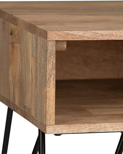 SIMPLIHOME Hunter Solid Mango Wood and Metal 22 inch wide Square Mid Century Modern End Side Table in Natural with Storage, 1 Shelf, for the Living Room and Bedroom - LeafyLoom