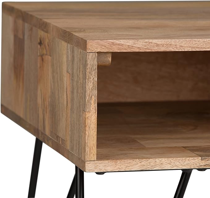 SIMPLIHOME Hunter Solid Mango Wood and Metal 22 inch wide Square Mid Century Modern End Side Table in Natural with Storage, 1 Shelf, for the Living Room and Bedroom - LeafyLoom
