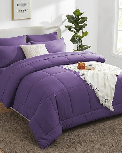 CozyLux Queen Size Comforter Set - 7 Pieces Bed in a Bag Set Purple, Bedding Sets Queen with All Season Quilted Comforter, Flat Sheet, Fitted Sheet, Pillowcases, Purple, Queen - LeafyLoom
