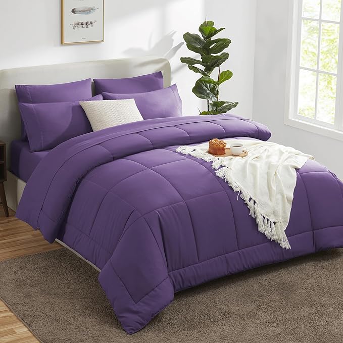 CozyLux Queen Size Comforter Set - 7 Pieces Bed in a Bag Set Purple, Bedding Sets Queen with All Season Quilted Comforter, Flat Sheet, Fitted Sheet, Pillowcases, Purple, Queen - LeafyLoom
