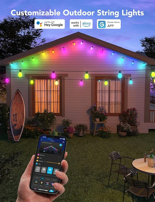 Govee Smart Outdoor String Lights H7021, RGBIC Warm White 96ft (2 Ropes of 48ft) LED Bulbs for Halloween Decorations, Christmas, WiFi Patio Lights Work with Alexa, Google, APP Control, IP65 Waterproof Govee