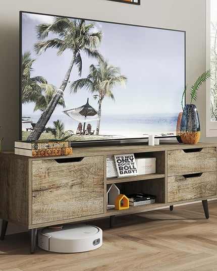 Maxtown TV Stands for Living Room, TV Console Table for 55 Inch TV, Entertainment Center with 1 Cabinet, 2 drawers, Media Console with Metal Feet for Bedroom, Living Room, Walnut - LeafyLoom
