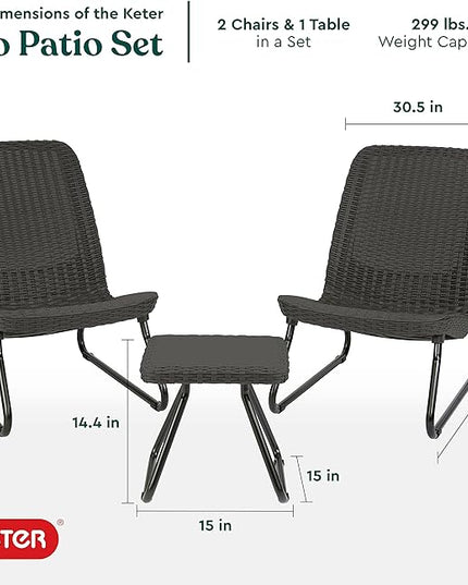 Keter Rio 3 Piece Resin Wicker Patio Furniture Set with Side Table and Outdoor Chairs, Dark Grey - LeafyLoom