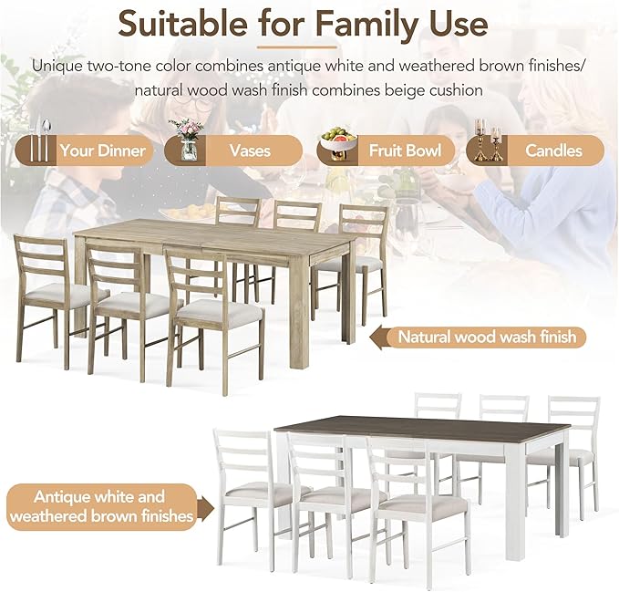 7-Piece Wooden Dinette Sets Mutifunctional Extendable Kitchen Dining Table with 12" Leaf and 2 Drawers, 6 Chairs w/Soft Cushion, for Diningroom Living Room, Easy to Assemble, Brown+White - LeafyLoom