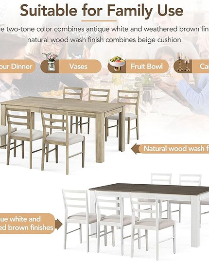 7-Piece Wooden Dinette Sets Mutifunctional Extendable Kitchen Dining Table with 12" Leaf and 2 Drawers, 6 Chairs w/Soft Cushion, for Diningroom Living Room, Easy to Assemble, Natural Wood Wash - LeafyLoom