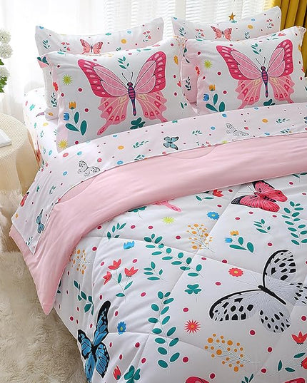Butterfly Comforter Set Twin Size for Girls Kids Teens 7 Piece Bed in A Bag Colorful Butterflies Flower Leaves Bedding Set All Season Lightweight - LeafyLoom