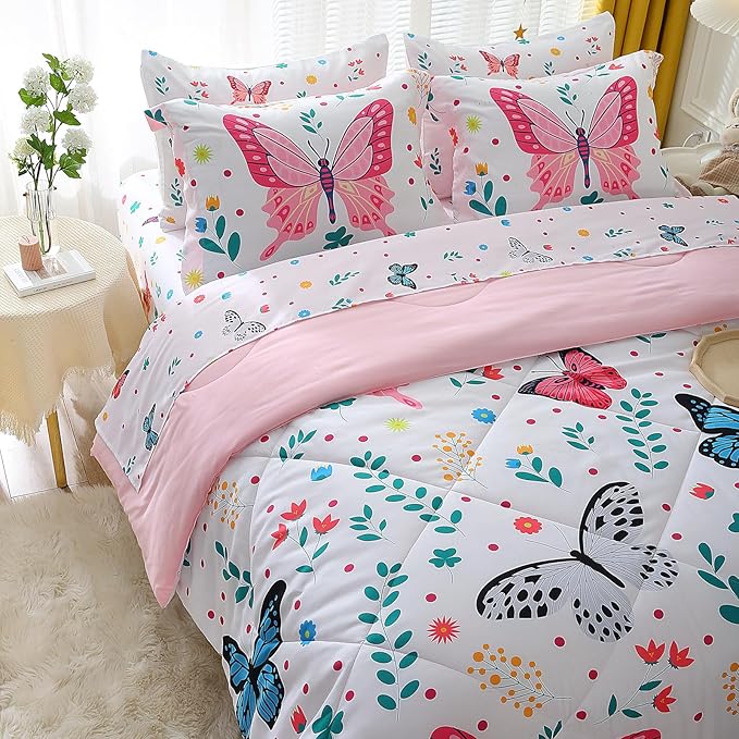 Butterfly Comforter Set Twin Size for Girls Kids Teens 7 Piece Bed in A Bag Colorful Butterflies Flower Leaves Bedding Set All Season Lightweight - LeafyLoom
