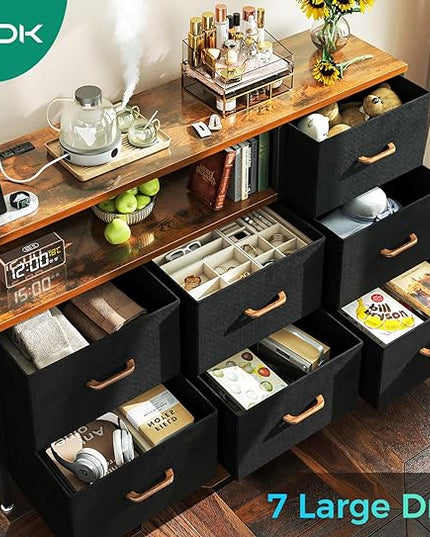 AODK Dresser with Charging Station, 52-Inch Long Dresser for Bedroom with 7 Large Fabric Drawers, Entertainment Center with Open Shelves for 55-Inch TV for Living Room, Black and Vintage - LeafyLoom