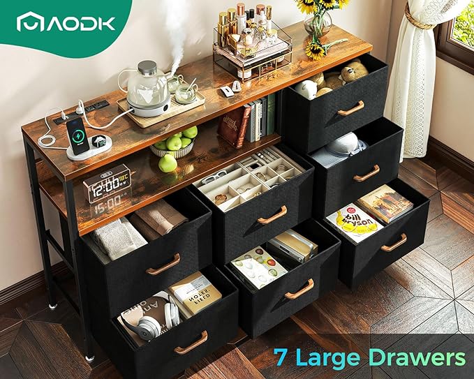 AODK Dresser with Charging Station, 52-Inch Long Dresser for Bedroom with 7 Large Fabric Drawers, Entertainment Center with Open Shelves for 55-Inch TV for Living Room, Black and Vintage - LeafyLoom