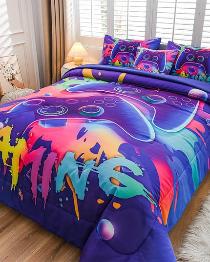 Aimuan Gaming Comforter Sets for Boys Kids Bedding Sets Video Games Console Action Buttons Novelty Colorful Game Gamepad Controller Modern Gamer Room Decor Home Quilt Set (Twin 6 Pcs,Purple) - LeafyLoom