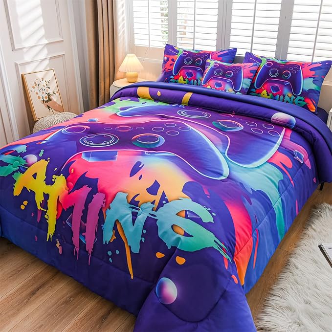 Aimuan Gamer Gaming Bedding Sets 3D Gamepad Comforter Sets for Boys Games Console Action Buttons Novelty Colorful Game Controller Modern Room Decor Home Quilt Set (Purple, Full 6PCS) - LeafyLoom