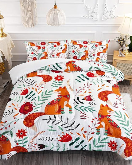 Cartoon Fox Comforter Set 3-Pieces Cute Fox Bedding Set Plants Leaves Printed Quilt Set for Kids Boys Girls with 2 Pillowcases Queen - LeafyLoom