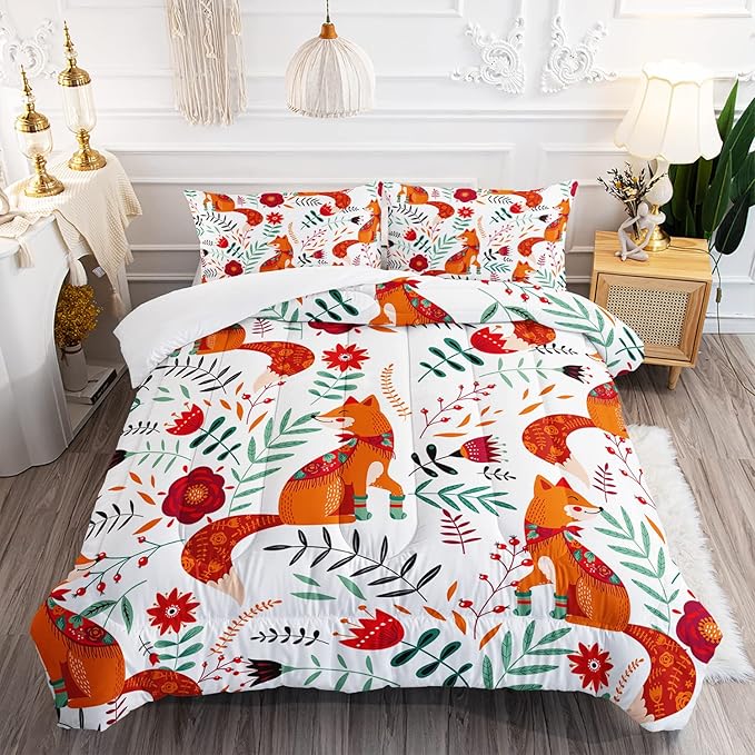 Cartoon Fox Comforter Set 3-Pieces Cute Fox Bedding Set Plants Leaves Printed Quilt Set for Kids Boys Girls with 2 Pillowcases Full - LeafyLoom