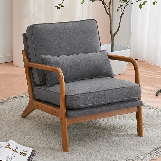 Bonnlo Linen Dark Grey Accent Chairs Set of 2, Upholstered Mid Century Modern Lounge Chairs Reading Chairs Side Sitting Chair Solid Wood Farmhouse Armchairs for Living Room, Bedroom, Guest Room - LeafyLoom