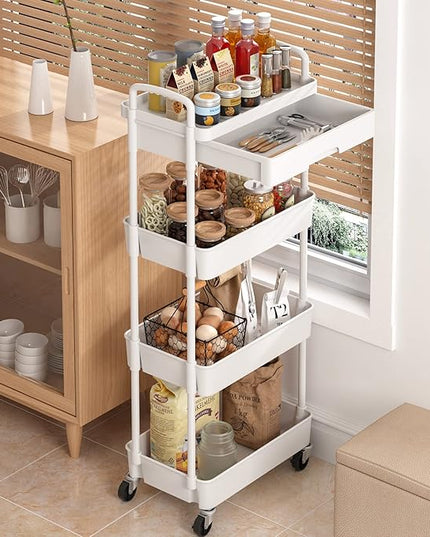 4-Tier Rolling Cart，Trolley with Drawer, Kitchen Storage Organizer with Plastic Shelf & Metal Wheels, Storage Cart for Living Room, Kitchen, Office, Bathroom, White - LeafyLoom