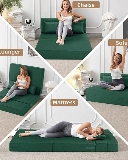Convertible Folding Sofa Bed-Sleeper Chair with Pillow, Modern Linen Fabric Floor & Futon Couch, Foldable Mattress for Living Room/Dorm/Guest Use/Home Office/Apartment, Queen Size,Dark Green - LeafyLoom
