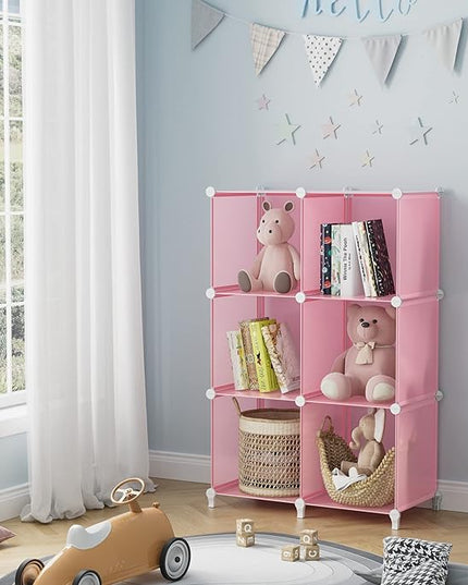 HOMIDEC 6-Cube Storage Shelf, Storage Bookcase Bookshelf with Metal Hammer, Storage Cubes Organizer Cabinet for Kids, Closet, Bedroom, Bathroom, (11.8x11.8x11.8 inch), Light Pink - LeafyLoom