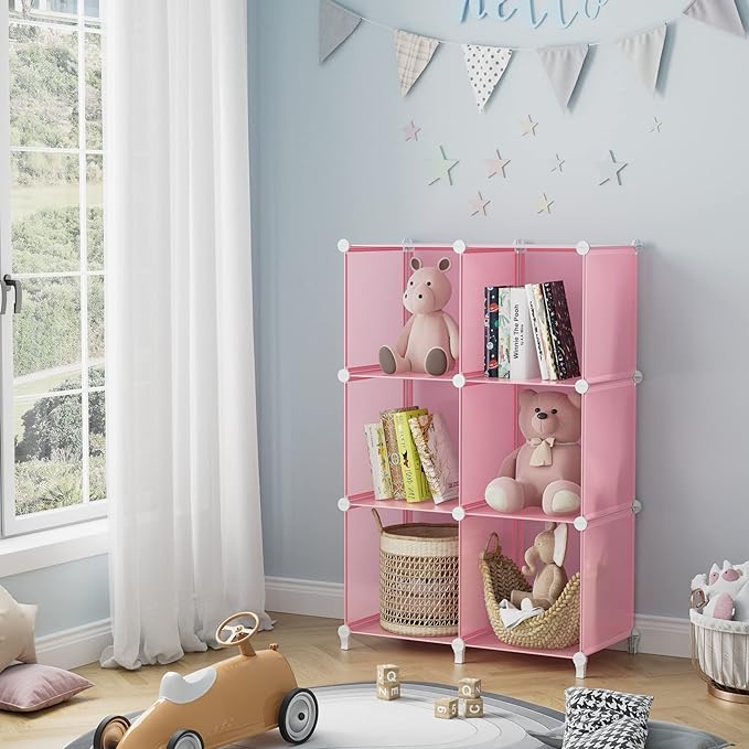HOMIDEC 6-Cube Storage Shelf, Storage Bookcase Bookshelf with Metal Hammer, Storage Cubes Organizer Cabinet for Kids, Closet, Bedroom, Bathroom, (11.8x11.8x11.8 inch), Light Pink - LeafyLoom