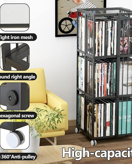 Rotating Bookcase Black 3 Tiers Metal Bookshelf, 360°Cubic Large Capacity for Small Space with Storage and Creative Multi-Layer Shelves,Magazine&Books for Bedroom Living Room Study and Office - LeafyLoom