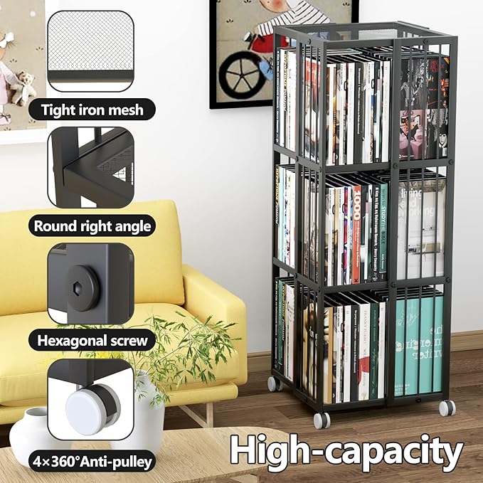 Rotating Bookcase Black 3 Tiers Metal Bookshelf, 360°Cubic Large Capacity for Small Space with Storage and Creative Multi-Layer Shelves,Magazine&Books for Bedroom Living Room Study and Office - LeafyLoom