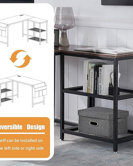 VECELO L Shaped Computer Gaming Corner Desk with Storage Bag and Shelf Home Office Table for Study Writing Room, Small Space Workstation, Rustic Brown - LeafyLoom