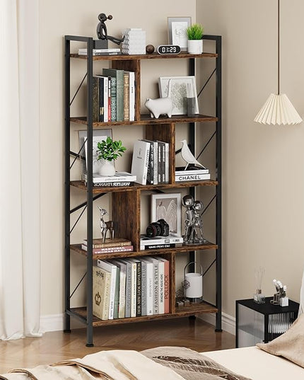 5 Tier Bookshelf with Storage, 61 Inch Tall Industrial Book Shelf with Open Display Bookshelves, 5 Shelf Bookcase with Metal Frame for Living Room, Bedroom and Home Office-Rustic Brown - LeafyLoom