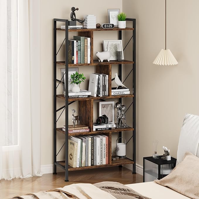 5 Tier Bookshelf with Storage, 61 Inch Tall Industrial Book Shelf with Open Display Bookshelves, 5 Shelf Bookcase with Metal Frame for Living Room, Bedroom and Home Office-Rustic Brown - LeafyLoom