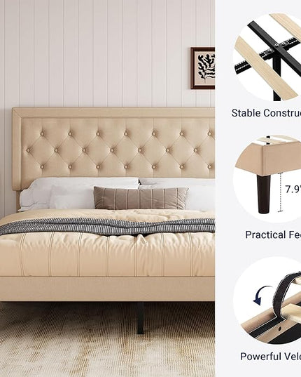 Allewie King Size Platform Bed Frame/Fabric Upholstered Bed Frame with Diamond Button Tufted Headboard/Adjustable Headboard/Wood Slat Support/Mattress Foundation/Beige (King) - LeafyLoom
