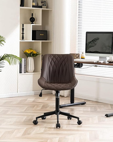 YOUNIKE Desk Chair with Wheels Armless Office Chair Swivel Rolling Task Chair with Back Upholstered Faux Leather Computer Chair Height Adjustable Modern Ergonomic Seat, Loads 300 lbs, Brown - LeafyLoom