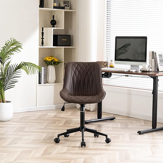 YOUNIKE Desk Chair with Wheels Armless Office Chair Swivel Rolling Task Chair with Back Upholstered Faux Leather Computer Chair Height Adjustable Modern Ergonomic Seat, Loads 300 lbs, Brown - LeafyLoom