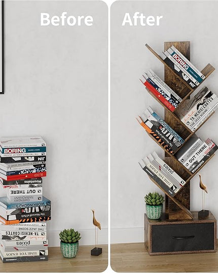 Egepon 6-tier Tree Bookshelf with Drawer Rustic Brown Book Shelf Storage Rack Floor Standing Bookcase for CDs Movies Books Multifunctional Organizer Shelves for Home Office Living Room Bedroom - LeafyLoom