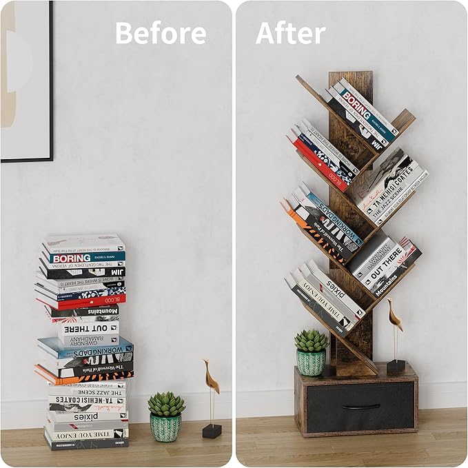 Egepon 6-tier Tree Bookshelf with Drawer Rustic Brown Book Shelf Storage Rack Floor Standing Bookcase for CDs Movies Books Multifunctional Organizer Shelves for Home Office Living Room Bedroom - LeafyLoom
