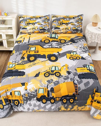 Feelyou Kids Construction Comforter Set Queen Size Bedding Sets for Boys Toddler Children Cartoon Excavator Tractor Comforter Set Construction Machinery Truck Duvet Set Baby Boys Vehicles Cars Bed Set - LeafyLoom