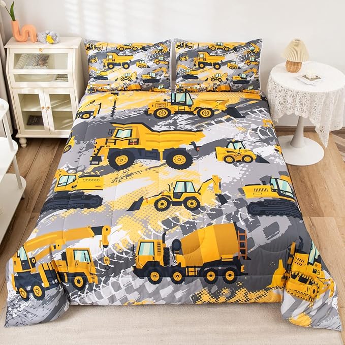 Feelyou Kids Construction Comforter Set Queen Size Bedding Sets for Boys Toddler Children Cartoon Excavator Tractor Comforter Set Construction Machinery Truck Duvet Set Baby Boys Vehicles Cars Bed Set - LeafyLoom