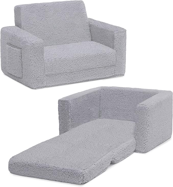Delta Children Cozee Flip-Out Sherpa 2-in-1 Convertible Chair to Lounger for Kids, Grey - LeafyLoom