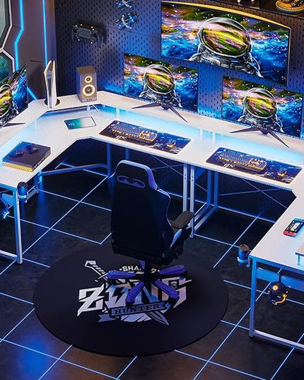 ODK L Shaped Gaming Desk with LED Lights & Power Outlets, 51" Computer Desk with Full Monitor Stand, Corner Desk with Cup Holder, Gaming Table with Hooks, White Carbon Fiber - LeafyLoom