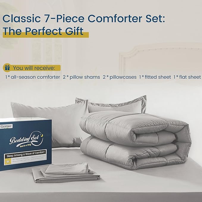 King Size Bed in a Bag 7 Pieces Comforter Set King, Wood Grain Texture Bedding Comforter Set Light Grey Bed Set with Comforter, Pillowcases, Flat Sheet, Fitted Sheet and Pillow Shams - LeafyLoom