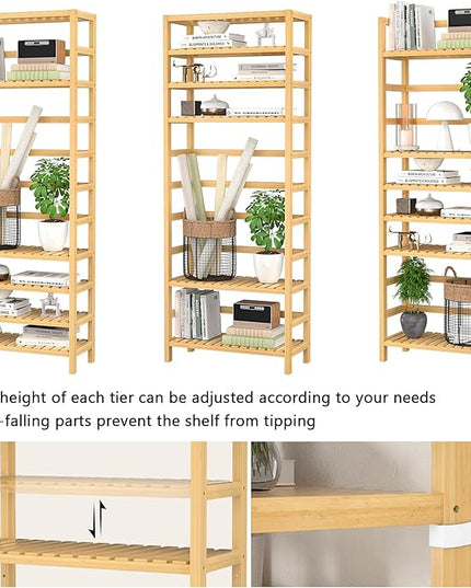 Homykic Bookshelf, 6-Tier Bamboo Adjustable 63.4” Tall Bookcase Book Shelf Organizer, Free Standing Storage Shelving Unit for Living Room, Kitchen, Bedroom, Bathroom, Office, Rust Resistance, Natural - LeafyLoom