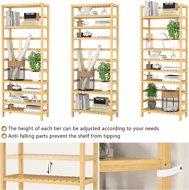 Homykic Bookshelf, 6-Tier Bamboo Adjustable 63.4” Tall Bookcase Book Shelf Organizer, Free Standing Storage Shelving Unit for Living Room, Kitchen, Bedroom, Bathroom, Office, Rust Resistance, Natural - LeafyLoom