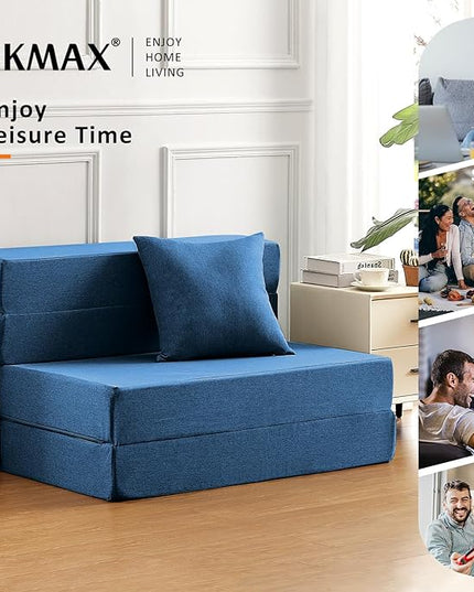 Queen Size Folding Sofa Bed - 4 in 1 Futon Chair with Two Pillows - High Density Memory Foam Foldable Couch with Washable Modern Linen Cover for Home Office (Blue) - LeafyLoom