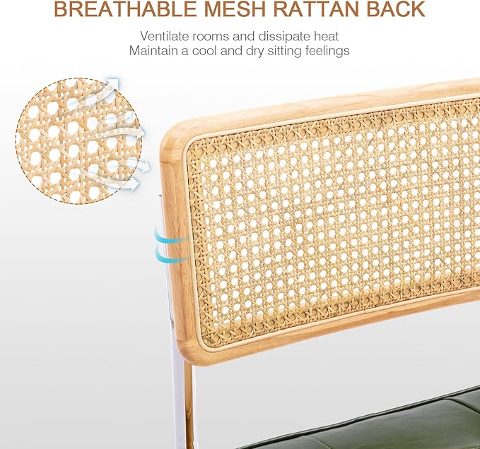 Zesthouse Mid-Century Modern Dining Chairs 4 Pcs, Accent Rattan Kitchen Chairs, Armless Mesh Back Cane Chairs, Upholstered Leather Chairs with Metal Chrome Legs, Green - LeafyLoom