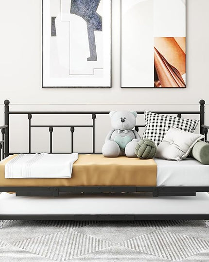 Twin Daybed with Trundle/Steel Slat Support/Space Saving Trundle Bed and Multi-Functional Furniture for Living Room and Guest Room, Black - LeafyLoom