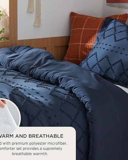 Bedsure Twin/Twin XL Comforter Set - Navy Boho Twin Extra Long Comforter Set for College, Shabby Chic Dorm Bedding Set, 2 Pieces Modern Farmhouse Bed Set, includes 1 Pillow Sham - LeafyLoom