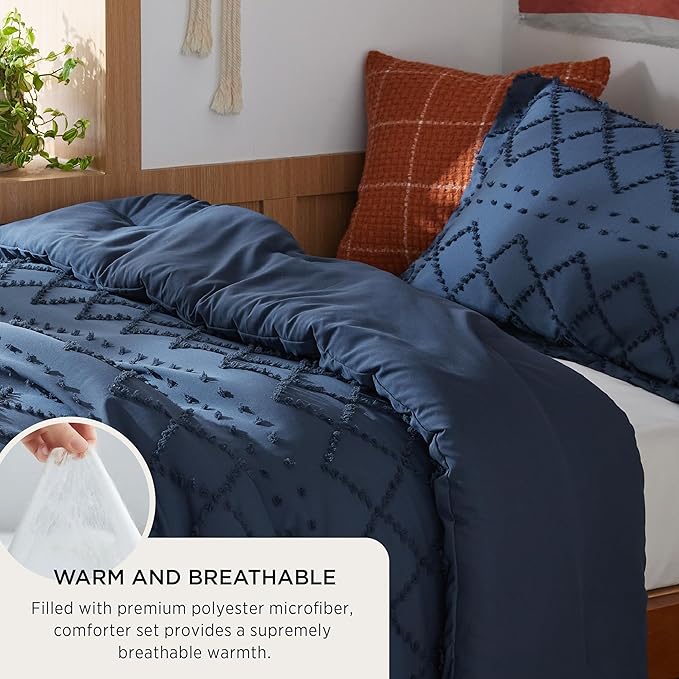 Bedsure Twin/Twin XL Comforter Set - Navy Boho Twin Extra Long Comforter Set for College, Shabby Chic Dorm Bedding Set, 2 Pieces Modern Farmhouse Bed Set, includes 1 Pillow Sham - LeafyLoom