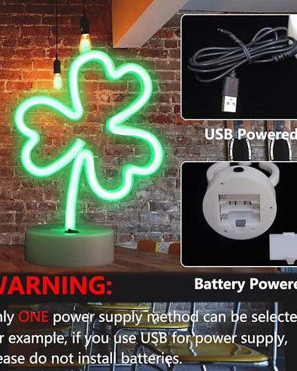 Neon Signs Shamrocks Shaped St. Patrick's Day decorations, Green LED Clover Neon Lights for Bedroom Decor Battery/USB Operated Night Lights for Home Tabletop Lamp - LeafyLoom
