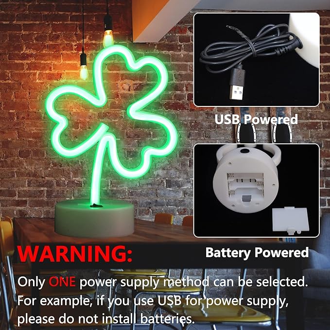 Neon Signs Shamrocks Shaped St. Patrick's Day decorations, Green LED Clover Neon Lights for Bedroom Decor Battery/USB Operated Night Lights for Home Tabletop Lamp - LeafyLoom