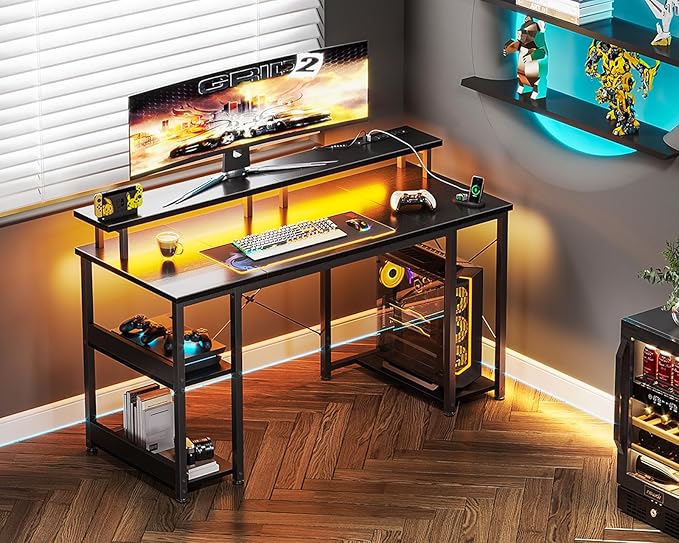 ODK 48 inch Gaming Desk with LED Lights & Power Outlets, Computer Desk with Monitor Stand & Storage Sheves, CPU Stand, Home Office Desk, Black - LeafyLoom