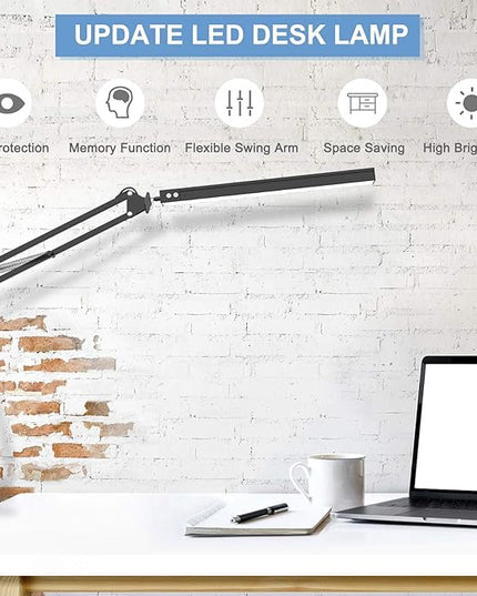 LED Desk Lamp,Adjustable Swing Arm Desk Lamp with Clamp,Dimmable Desk Light Eye-Care Table Light, Memory Function, 3 Color Modes, 10-Level Brightness Table Lamp for Home, Office, Study, Reading - LeafyLoom